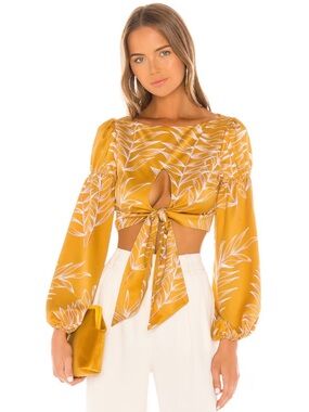 Camila Coelho Tie-Front Long Sleeve Floral Crop Top in Mustard Yellow